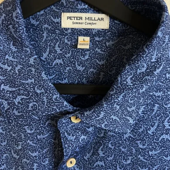 Peter Millar Summer Comfort Blue Shark Print Golf Polo Shirt Mens Large - Picture 5 of 5